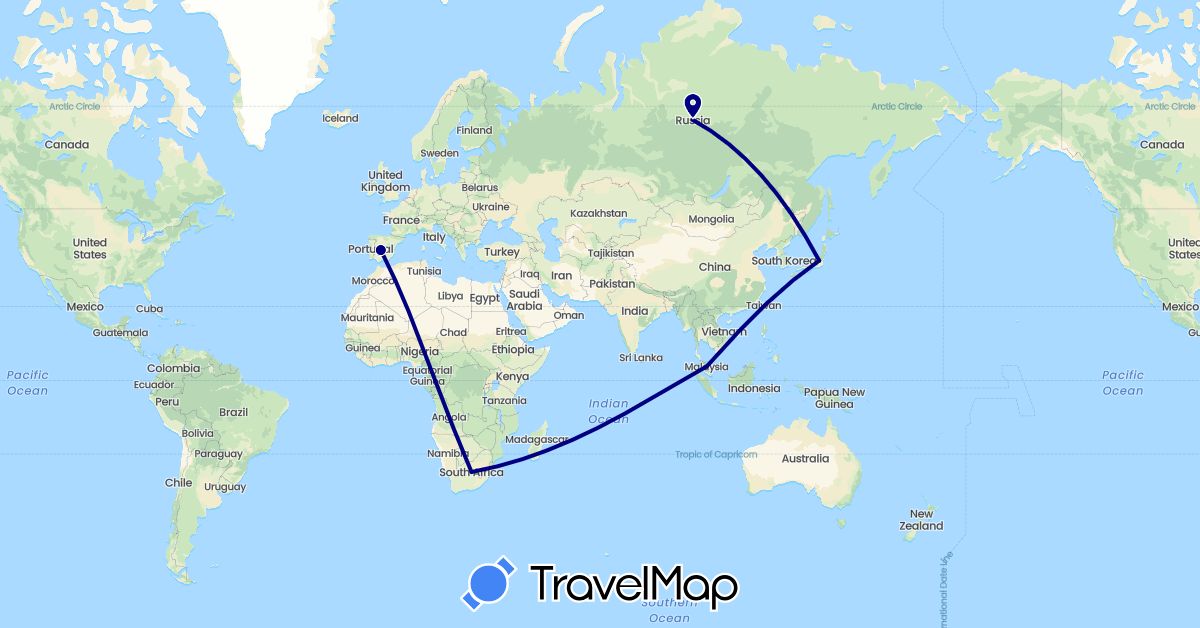 TravelMap itinerary: driving in Spain, Japan, Malaysia, Russia, South Africa (Africa, Asia, Europe)
